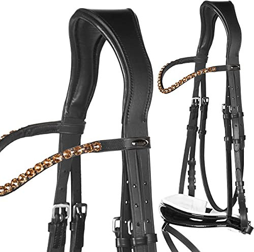 Heinick-Reitsport Trense anatomisch Competition Schwarz Weiß Lack ~ Glow-Gold ~ Vollblut
