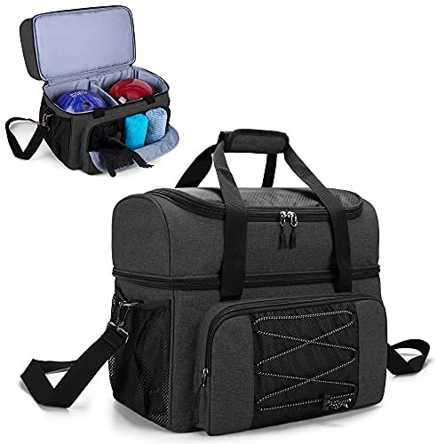 DSLEAF Bowlingtasche für 2 Bälle, BowlingTragetasche mit HolzBowlingCups und gepolsterter Trennwand für Doppelball und ein Paar Bowlingschuhe bis Herren 16 und zusätzliche Essentials (zum Patent