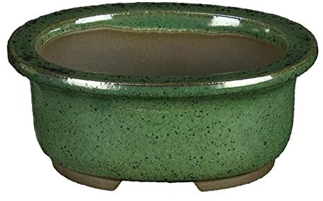 Japanische Bonsaischale Morrisan oval aus dunkelgrün glasiertem Steinzeug 10,5x8,5x4,5 cm - B03-3-1D