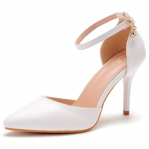 Femmes Chaussures De Mariage, Bout Fermé Talon Haut Dentelle Fleur Blanche 9 Cm Dance Party Danse Mariage Séance Photo Adulte Cadeau Chaussures Chaussures De Mariée,Blanc,39 EU