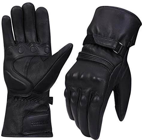 Harssidanzar Winter Motorcycle Gloves,Mens Genuine Leather Full Finger Touchscreen Thermal Lined with Thinsulate Waterproof Motorcycles Motorbike Riding Gloves KM048,Black, Size S