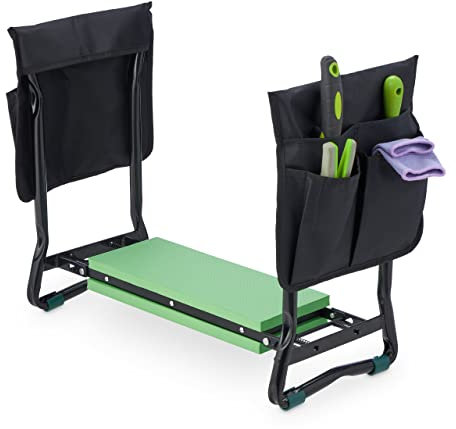 Relaxdays Kniebank für Gartenarbeit, klappbar, gepolstert, gelenkschonende Kniehilfe, Taschen, bis 150kg, schwarz/grün