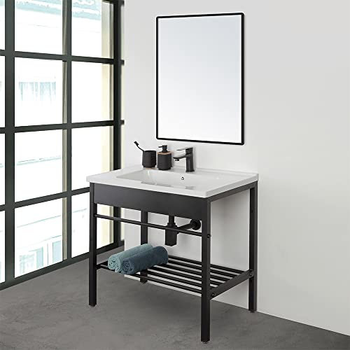 Mobile bagno a terra 60 cm nero opaco, stile industrial completo di lavandino e specchio reversibile, Borg (Larghezza 60 cm)