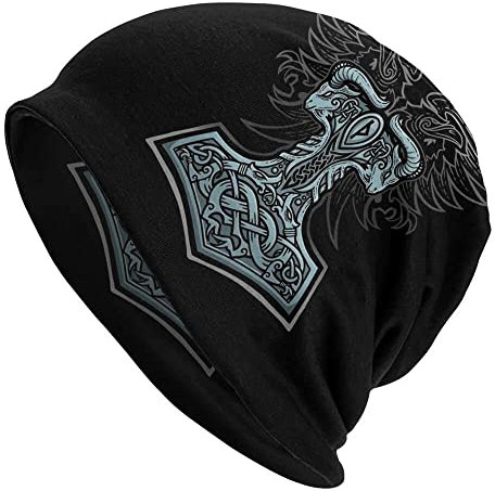 Wikinger Bedruckte Thors Hammer Beanie Mütze - Männer Frauen Verstellbare Doppelschicht Skullies Dünne Haubenkappen - Nordischer Pirat Mittelalterliche Hip Hop Mode Lässige Kopftücher