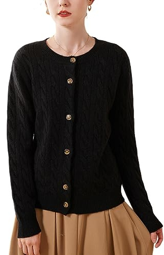 DISSA Gilet Cachemire Femme Col Rond Noir Torsade Tricoté en Vrac Manches Longues épais Cardigan en Cachemire et Laine,40,SPR2330