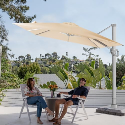 BLUU BANQUET 12ft Aluminum Patio Umbrella Cantilever Offset Umbrella 60 Month Fade Resistance & UV Protection Outtra Recycled Fabric, 360 Rotation with Aluminum Pole Cross Base (Beige)