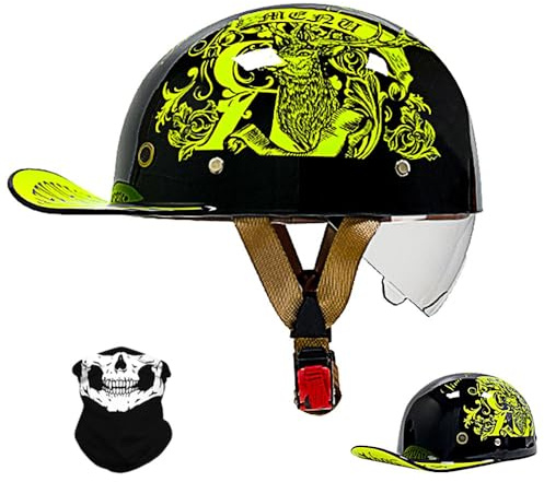 RQTEUYE Vintage Motorrad halbhelm Baseball Cap mit ECE-Zulassung, Jet Helm Retro Halbschalenhelm mit Versenkbare Sonnenblende und Schnellverschluss Schnallen für Scooter Cruiser Motorrad
