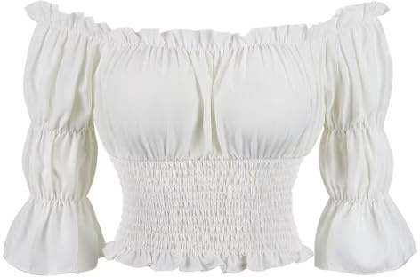 Josamogre Chemise Costume Medieval Femme Renaissance Pirate Deguisement Rétro Victorien Épaule Dénudée Élégante Sexy Top Vampire Blanc L