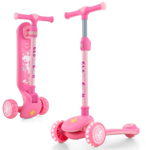COSTWAY Kinder Roller klappbar, Kinder Scooter mit PU LED Rädern & Hinterbremse, Tretroller höhenverstellbar, Cityroller Kickscooter für Jungen und Mädchen ab 3 Jahren (Rosa)