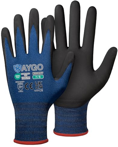 KAYGO Arbeitshandschuhe MikroSchaum Nitril Beschichtet, Abriebfest, KG18NV | Rutschfest, Leicht Ölbeständig, 3 Paar Nylon Schutzhandschuhe für Herren Damen, für Auto Lager DIY (Navy Blau, S, Gr 7)