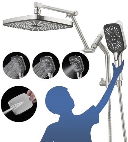 Psylc 12 High Pressure Rain/Rainfall Shower Heads With Handheld Spray Combo (3+1 Settings & Built-in Power Wash Mode), Double/Dual Shower Head With Handheld - Height/Angle Adjustable(Brushed Nickel)