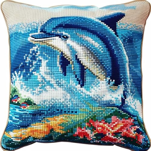 kitphoenix Knüpfkissen Set Delfin Latch Hook Kissen Kit für Kinder oder Anfänger Erwachsene zum Selber Knüpfen, DIY Knüpfteppich Knüpfpackung, Knüpfhaken Set 43 x 43 cm