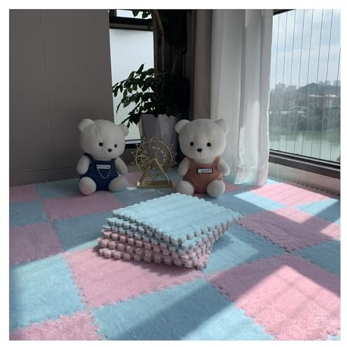 10 Stück Ineinandergreifende Schaumstoffmatten, Flauschige Teppichfliesen, Plüschteppich, Quadratische, Zusammensteckbare Bodenfliesen, Weiche Spielmatte(Color:Rosa+Hellblau)