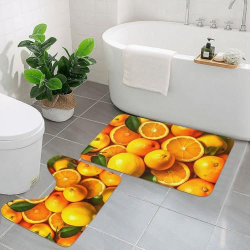 Badezimmerteppich-Set, 2-teilig, weich, saugfähig, Mikrofaser, U-förmiger WC-Vorleger, rutschfester Badteppich, Orangen und Zitronen, Bodenmatten für Badezimmer