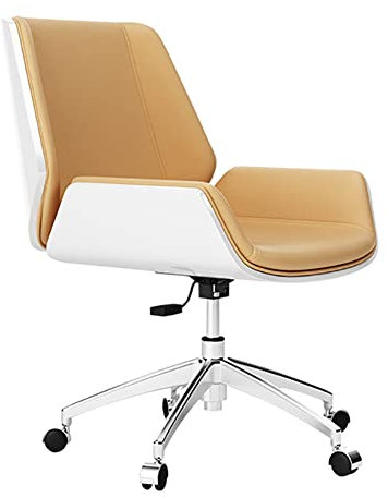 Ergonomischer Drehstuhl mit Rollen, mittlere Rückenlehne, Khaki-Leder, Büro-Computerstuhl, höhenverstellbar, mit Stuhlfüßen aus Aluminiumlegierung, bequemer Arbeitsstuhl mit