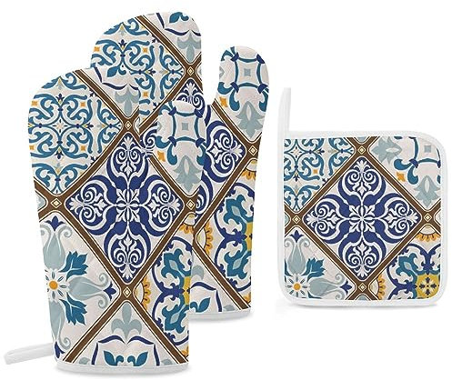 Set da 3 pezzi di guanti da forno e presine triangolari con motivo patchwork colorato, guanti da cucina e da cucina
