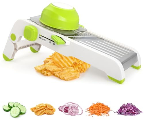 Foyucool Mandoline Slicer for Kitchen, Adjustable Stainless Steel Mandoline Food Slicer, Onion Potato Cucumber Tomato Carrot Vegetable Fruit Slicer, Mandolin Veggie Cutter with Food Holder, Green