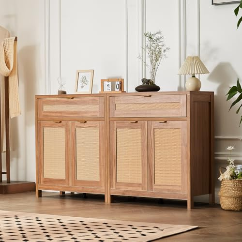 VEVOR Buffet en Rotin Lot de 2 Pièces, Armoire avec 4 Portes Magnétiques et 2 Tiroirs, Meuble de Rangement avec Étagères Réglables, Solution de Rangement pour Couloir, Entrée, Salon, Cuisine, Naturel