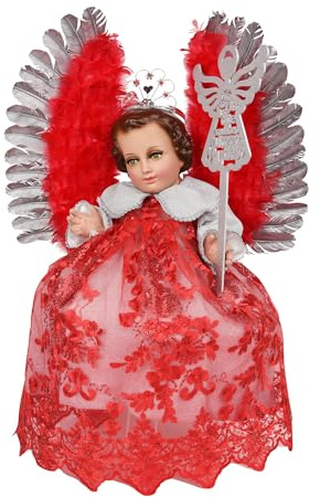 A&C Wedding inc. Angel de la Salud Baby Jesus Costume, Silver Metallic Dress with Red Lace, Crown, Shoes, Wings, Staff, 6.3 x 5.1 x 1.6 in (15cm)