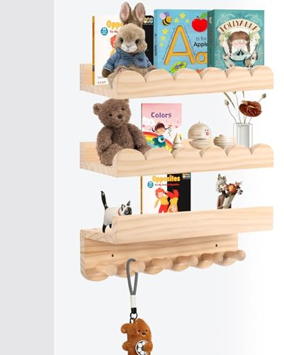 Rainmae Estantería para niños, juego de 3 unidades, 40 cm, para habitación infantil, con ganchos de madera, ideal para libros y juguetes, 100% madera