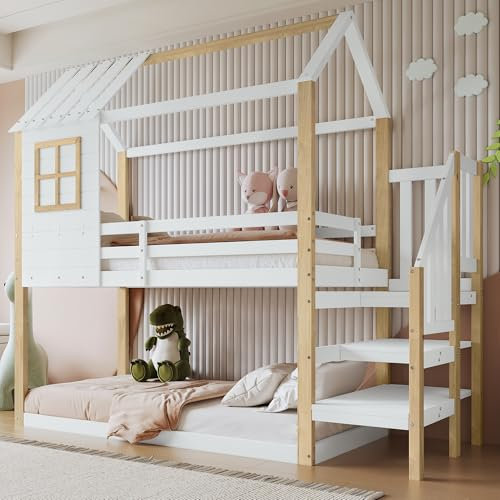 Kinderbett Etagenbett 90x200, Hochbett für 2 Kinder, Hausbett mit Treppe&Fenster&Dach, Doppelbett Holzbett Stockbett Baumhaus Bett mit Lattenrost&Rausfallschutz, Kiefer, Ohne Matratze, Weiß+Natur