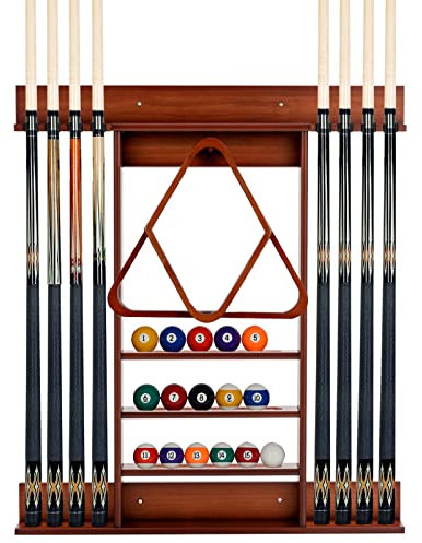 COSTWAY Billar Rack in Madera Maciz, Estante para Palos de Billar 8 Tacos, 15 Bolas de Billar, 1 Soporte para Bolas, Equipo de Billar Compacto para la Sala de Billar Club Bar (Café)