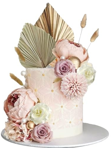 Boho Cake Decorations - 32PCS Cake Decorating Kit, Floral Cake Decorations, Bohemian Cake Topper Set Flowers Palm Leaves Pearls, Cake Decorations for Girls, Cake Balls Decoration, Dried Flowers Cakes