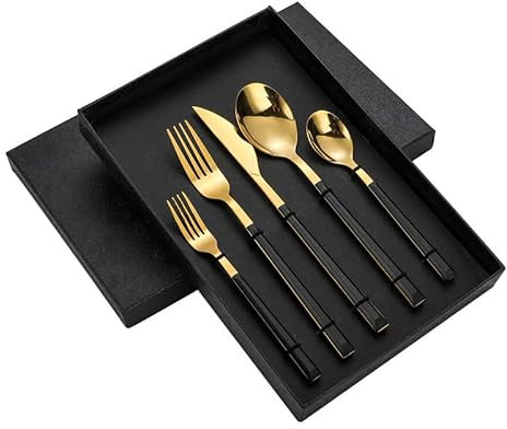 SRFTT Ensemble de Couverts en argenterie, 5/20/30/40/50/60 pièces, Manche carré Noir, Coffret de Couverts en Acier Inoxydable, Couteau de ménage Cinq pièces, pour