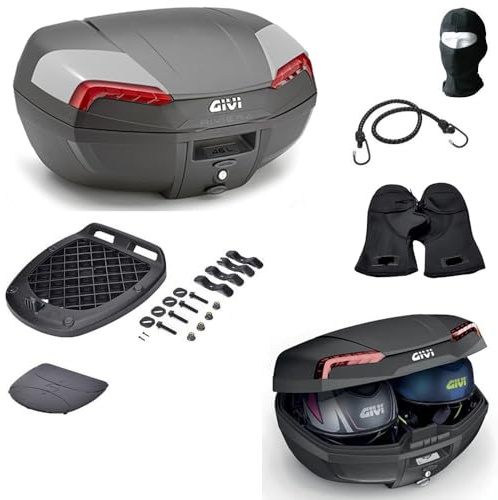 COMPATIBILE CON YAMAHA T-MAX 560 BAULETTO E46 RIVIERA VALIGIA TOP CASE MONOLOCK 46 LT BAULE PER MOTO SCOOTER CON PIASTRA E KIT UNIVERSALE PER PORTAPACCHI POSTERIORE