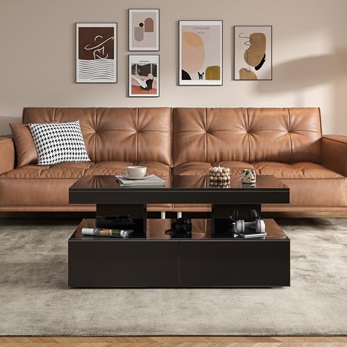 YNYHTER Mesa de Centro Rectangular,Mesa Centro con Almacenamiento Mesas de Cafe con Cajones Mesita de SalóN Negra Mesas de Café con Almacenaje Table de Salon Modern Coffee Tables Interior (Negro)