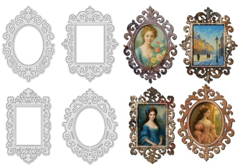 UNICRAFTALE 4pcs Vintage Photo Frame Cutting Dies for DIY Card Making Oval Label Tag Embossing Template Square Lace Border Background Metal Die Cuts for Photo Album Craft Scrapbooking Decoration