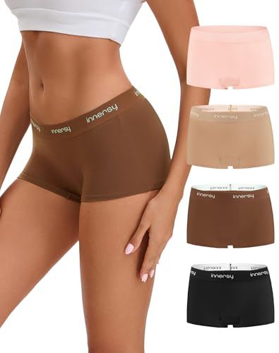 INNERSY Shorty Femme Coton Confort Culottes Femmes Taille Midi Boxer Sport Caleçon Panty Lot de 4 (46, Noir/Marron/Rose/Kaki)