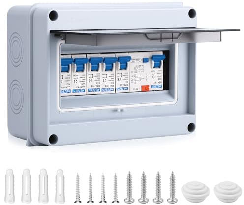 Consumer Unit 4 Way, IP65 Fuse Box with Circuit Protection, Circuit Breaker Consumer Unit Anti-Leakage Fuse Box for Garages, Workshops, 1P+N40A + 2×1P6A + 1P10A + 1P20A + 1P32A