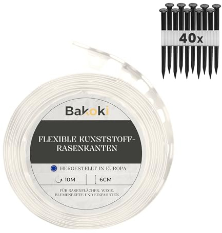 BAKOKI Bordo flessibile per prato (10 m | 40 ancoraggi | 6 cm di altezza), in plastica bianca resistente alle intemperie, bordo rotondo – aiuole – bordo per aiuole – bordo per tagliaerba