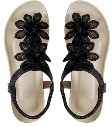 GORGLITTER Women's Flower Flat Sandals Wedding Sandals for Bride T-Strap Thongs Open Toe Summer Beach Shoes Black 8