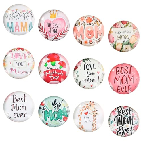 12 Piezas 30 mm Imanes de Nevera, Imanes Decorativos Redondos de Cristal 3D, Pegatinas Magnéticas Amo a mi Mamá, Iman Nevera para Pizarra Blanca Taquilla Cocina Oficina, Regalo para el Día de la Madre