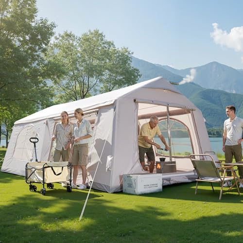 MOPHOTO Aufblasbares Zelt Camping, Wasserdicht Oxford, Pumpe, 4-12 Personen | UPF 50+ Beschichtung,Aufbau in 5 Minuten, 5/6 große Netzfenster, integrierte Ofenrohröffnung