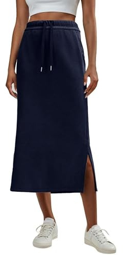 GRECERELLE Women's Maxi Skirt Elasticated Waisted Drawstring with Pockets - Long Thick Warm Skirts for Autumn and Winter; Side-Slit Hem; UK Sizes 8 to 24