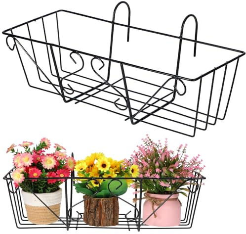 jojofuny Support pour Plantes en Métal Noir Carré Suspendu pour Balcon, Porte-pot de Fleurs Robuste, Support de Jardinière pour Pots de Jardin et Balconnières, Compatible Rambarde, Étagère