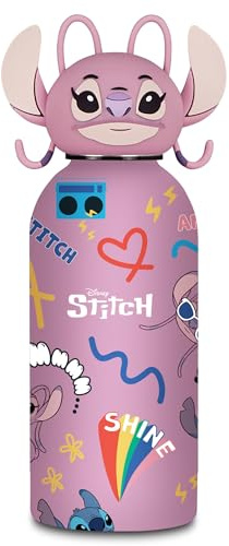 Seven ANGEL LILO & STITCH Gourde avec bouchon moulé, rose, 350 ml, acier inoxydable, sans BPA, hermétique, chaud 12h/froid 24h, étanche aux fuites, école, sport, voyage, enfant, idée cadeau