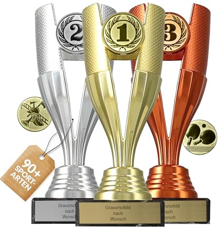 pokal-fabrik.de - Pokale 3er Set mit Gravur Wunschtext in Gold, Silber und Bronze - personalisierte Geschenk-Trophäe & Sportemblem nach Wahl - 15,5 cm inkl. Marmorsockel - Pokal Kinder (3er Set)