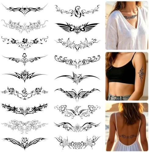 18 Blätter Temporäre Arschgeweih Tattoos, Schwarze Temporary Tattoo Aufkleber, Temporäre Tattoos für Erwachsene Damen, Tattoo Aufkleber für Unterbrust Rücken Bauch, Festival Deko