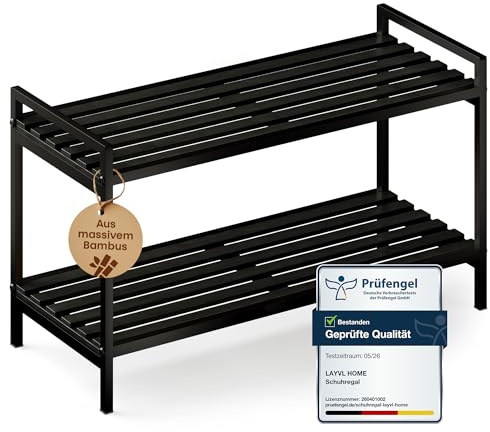 LAYVL HOME® Schuhregal platzsparend, Design Schuhregal, Schuhorganizer, Schuhaufbewahrung für Eingangsbereich, Flur, Wohnzimmer - hochwertig, modern, aus Metall und Bambus, 2 Ebenen, 73x30x41cm