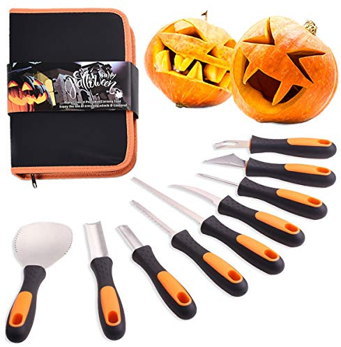 7Felicity Professional Halloween Pumpkin Carving Kit, Anti-Slip Rubber Handle, 9 Piece Stainless Steel Pumpkin Carving Tools Knife Set for Halloween DIY Decoration, with Storage Bag and Stencils