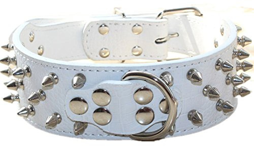 haoyueer Pitbull Hundehalsband aus Leder mit Nieten, Nieten, 5,1 cm breit, stilvolles Leder-Hundehalsband für mittelgroße und große Hunde, Größe L, Weiß