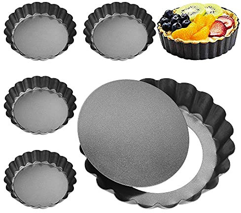 PERFETSELL 6 PZ 10cm/4 Pollici Stampo Crostata Fondo Antiaderente Flan Piatti Scatole In Acciaio Al Carbonio Stampo Rotondo pr Piccoli Piatti per Torte con Rivestimento Antiaderente, Nero