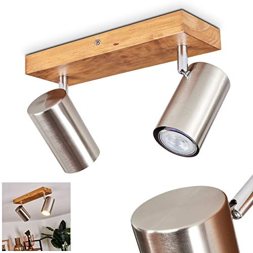 HOFSTEIN Deckenleuchte Zuoz, verstellbare Deckenlampe aus Metall/Holz in Nickel-matt/Naturfarben, Leuchte im Retro/Vintage-Design mit Holzbalken, 2 x GU10, Wohnzimmer, Esszimmer, Schlafzimmer, Küche