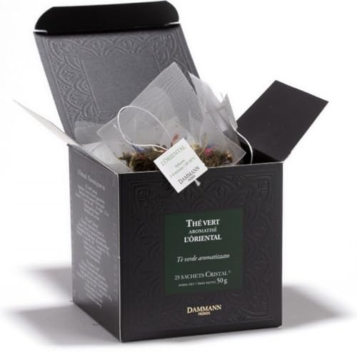 Dammann Frères - Thé Vert L'Oriental, Arômes Fruit de la Passion, Pêche de Vigne & Fraise des Bois (25 Sachets Cristal, 50g) | Arômes Fruit de la Passion, Pêche de Vigne, Fraise des Bois