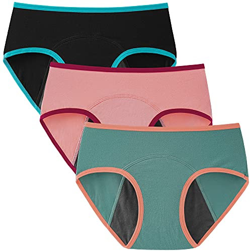 INNERSY Perioden Unterwäsche Teenager Mädchen Unterhosen Menstruation Period Panties 3er Pack (16 Jahre, Schwarz/Grün/Rosa)