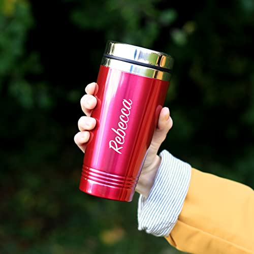 eBuyGB Personalised Insulated Travel Mug, Double Walled 450ml Reusable Drinks Flask, Travel Cup, Stainless Steel Tea/Coffee Cup (Pink)